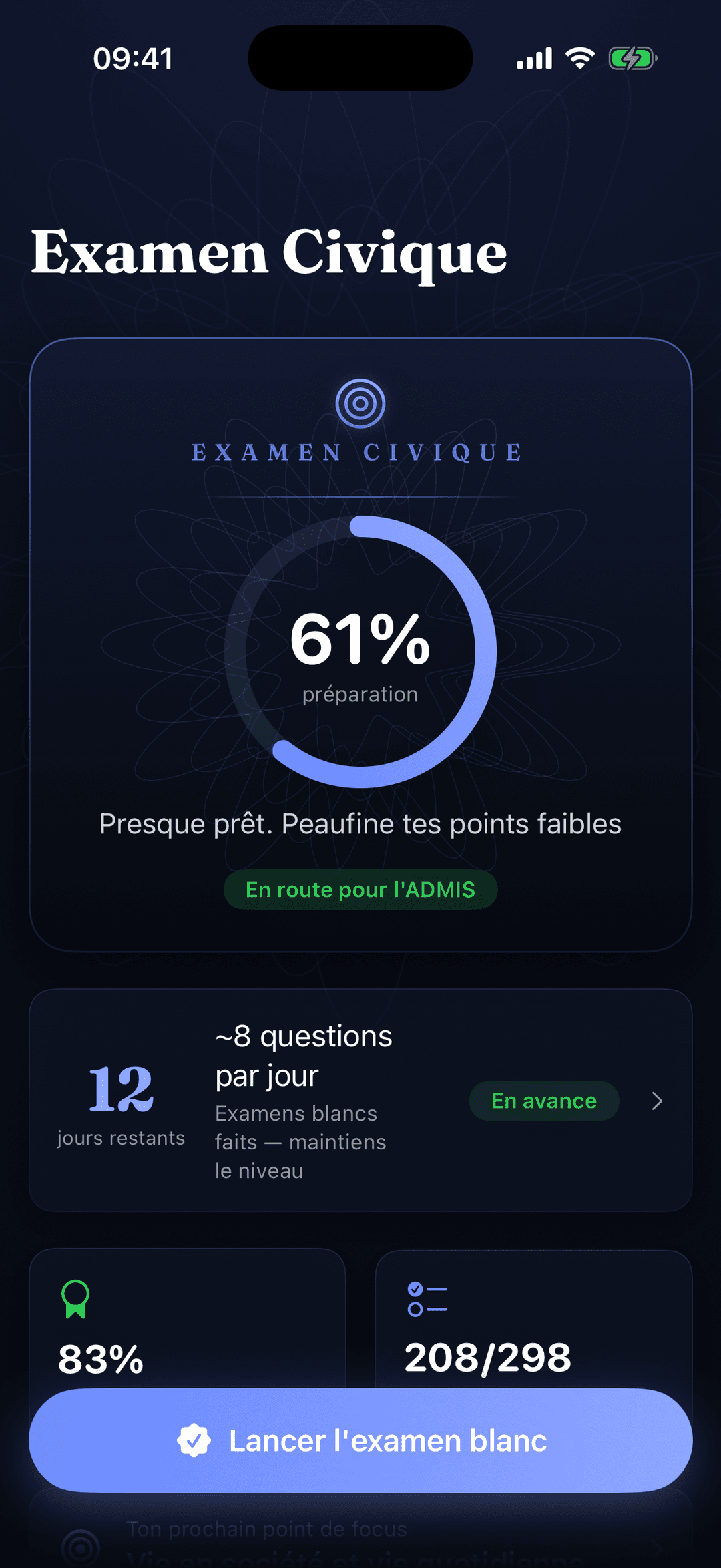 Écran d'accueil de Examen Civique 2026 · Naturalisation